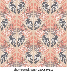 Tropical seamless pattern with monstera palm leaves, pink gray pastel color, vector illustration for textile and decoration