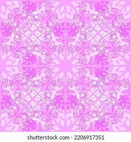 Tropical seamless pattern with monstera palm leaves, lilac pink white color, vector illustration