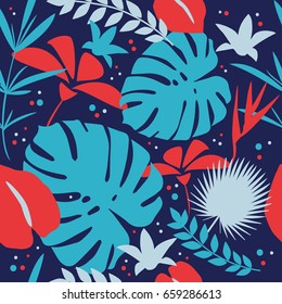 Tropical seamless pattern. Monstera palm leaves for exotic design.