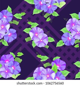 Tropical seamless pattern with morning glory flowers and leaves background. Vector set of exotic tropical garden for holiday invitations, greeting card and fashion design.