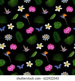 Tropical seamless pattern with nature elements. Tropic floral wallpaper isolated on black background. Exotic textile print.