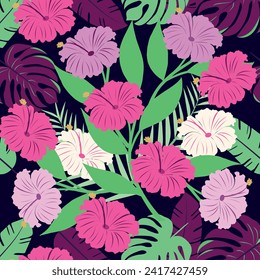 Tropical seamless pattern. Nature textured hibiscus flowers seamless patter, vivid color background