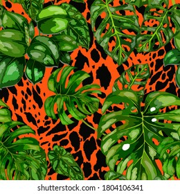 Patrón tropical sin fisuras en la textura animalista. Impresión veraniega exótica de la jungla. Hoja tropical de verano. Patrón de la moda de las flores tropicales. Ilustración con tropismo floral. Patrón veloz.