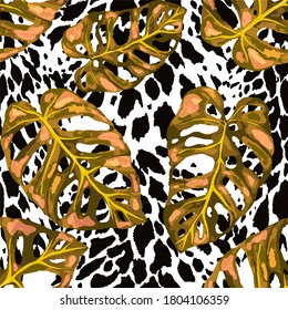 Tropical seamless pattern on animalistic texture. Jungle exotic summer print. Summer tropical leaf. Tropical flower fashion pattern. Floral tropic illustration. Vector seamless pattern.