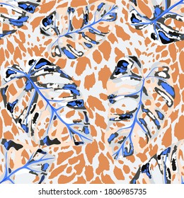 Tropical seamless pattern on animalistic texture. Jungle exotic summer print. Summer tropical leaf. Tropical flower fashion pattern. Floral tropic illustration. Vector seamless pattern.