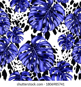 Tropical seamless pattern on animalistic texture. Jungle exotic summer print. Summer tropical leaf. Tropical flower fashion pattern. Floral tropic illustration. Vector seamless pattern.