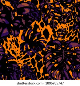 Tropical seamless pattern on animalistic texture. Jungle exotic summer print. Summer tropical leaf. Tropical flower fashion pattern. Floral tropic illustration. Vector seamless pattern.