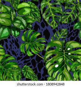 Tropical seamless pattern on animalistic texture. Jungle exotic summer print. Summer tropical leaf. Tropical flower fashion pattern. Floral tropic illustration. Vector seamless pattern.