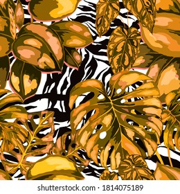 Tropical seamless pattern on animalistic texture. Jungle exotic summer print. Summer tropical leaf. Tropical flower fashion pattern. Floral tropic illustration. Vector seamless pattern.