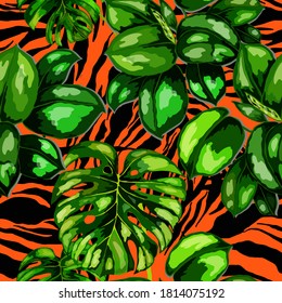 Patrón tropical sin fisuras en la textura animalista. Impresión veraniega exótica de la jungla. Hoja tropical de verano. Patrón de la moda de las flores tropicales. Ilustración con tropismo floral. Patrón veloz.