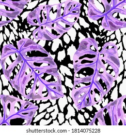 Tropical seamless pattern on animalistic texture. Jungle exotic summer print. Summer tropical leaf. Tropical flower fashion pattern. Floral tropic illustration. Vector seamless pattern.