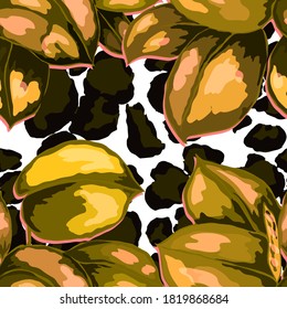 Patrón tropical sin fisuras en la textura animalista. Impresión veraniega exótica de la jungla. Hoja tropical de verano. Patrón de la moda de las flores tropicales. Ilustración con tropismo floral. Patrón veloz.