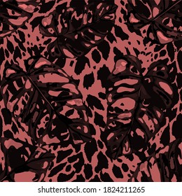 Tropical seamless pattern on animalistic texture. Jungle exotic summer print. Fashion pattern with tropical leaves. Floral tropic illustration. Vector seamless pattern.