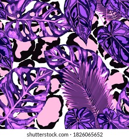 Tropical seamless pattern on animalistic texture. Jungle exotic summer print. Summer tropical leaf. Tropical flower fashion pattern. Floral tropic illustration. Vector seamless pattern.