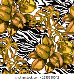 Tropical seamless pattern on animalistic texture. Jungle exotic summer print. Summer tropical leaf. Tropical flower fashion pattern. Floral tropic illustration. Vector seamless pattern.
