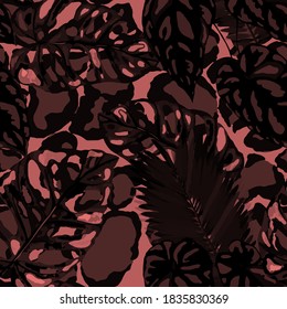 Tropical seamless pattern on animalistic texture. Jungle exotic summer print. Summer tropical leaf. Tropical flower fashion pattern. Floral tropic illustration. Vector seamless pattern.