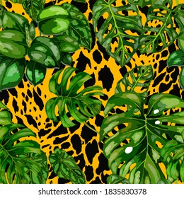 Tropisches nahtloses Muster auf tierischer Textur. Dschungle exotische Sommerkurse. Tropisches Sommerblatt. Tropische Blumenmodemuster. Tropische Blumengrafik. Vektornahtloses Muster.