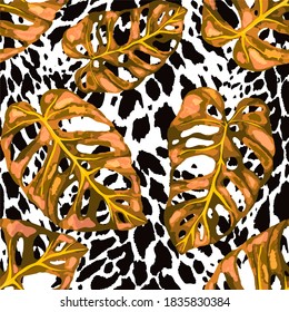 Tropisches nahtloses Muster auf tierischer Textur. Dschungle exotische Sommerkurse. Tropisches Sommerblatt. Tropische Blumenmodemuster. Tropische Blumengrafik. Vektornahtloses Muster.