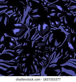 Tropical seamless pattern on animalistic texture. Jungle exotic summer print. Summer tropical leaf. Tropical flower fashion pattern. Floral tropic illustration. Vector seamless pattern.