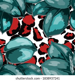 Tropical seamless pattern on animalistic texture. Jungle exotic summer print. Summer tropical leaf. Tropical flower fashion pattern. Floral tropic illustration. Vector seamless pattern.	