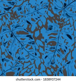 Tropical seamless pattern on animalistic texture. Jungle exotic summer print. Summer tropical leaf. Tropical flower fashion pattern. Floral tropic illustration. Vector seamless pattern.	