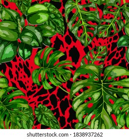 Tropical seamless pattern on animalistic texture. Jungle exotic summer print. Summer tropical leaf. Tropical flower fashion pattern. Floral tropic illustration. Vector seamless pattern.	