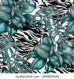 Tropical seamless pattern on animalistic texture. Jungle exotic summer print. Summer tropical leaf. Tropical flower fashion pattern. Floral tropic illustration. Vector seamless pattern.	