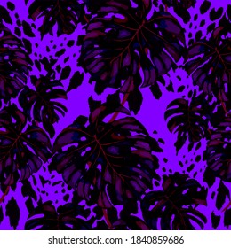 Patrón tropical sin fisuras en la textura animalista. Impresión veraniega exótica de la jungla. Hoja tropical de verano. Patrón de la moda de las flores tropicales. Ilustración con tropismo floral. Patrón veloz.	