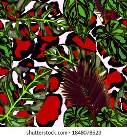 Tropical seamless pattern on animalistic texture. Jungle exotic summer print. Summer tropical leaf. Tropical flower fashion pattern. Floral tropic illustration. Vector seamless pattern.	