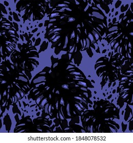 Tropical seamless pattern on animalistic texture. Jungle exotic summer print. Summer tropical leaf. Tropical flower fashion pattern. Floral tropic illustration. Vector seamless pattern.	