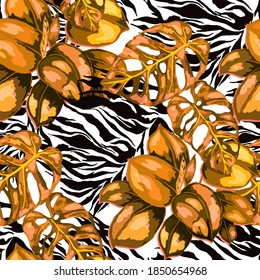 Tropical seamless pattern on animalistic texture. Jungle exotic summer print. Summer tropical leaf. Tropical flower fashion pattern. Floral tropic illustration. Vector seamless pattern.	