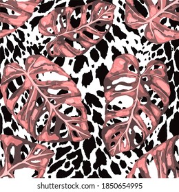 Patrón tropical sin fisuras en la textura animalista. Impresión veraniega exótica de la jungla. Hoja tropical de verano. Patrón de la moda de las flores tropicales. Ilustración con tropismo floral. Patrón veloz.	