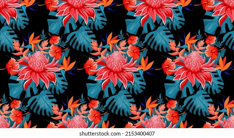 Tropical seamless pattern on black background. Bouquet of exotic  flowers and leaves. Hibiscus, plumeria, bird of paradise, etlingera, heliconia bihai, red palulu. Vector illustration.