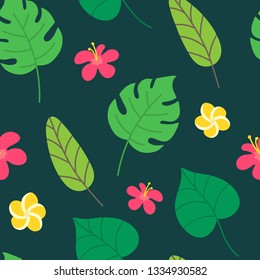 Tropical seamless pattern on dark green background. Summer design with tropic leaves, monstera, banana leaves, hibiscus, plumeria flowers. Modern template for print, banner. Vector illustration.