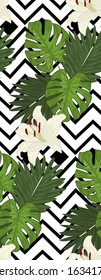 Tropical seamless pattern on geometric background.