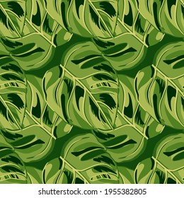 Tropical seamless pattern on green background. Abstract texture decoration with leaf monstera real color with dark spots. Fashion of summer nature jungle for print. Vector illustration design.