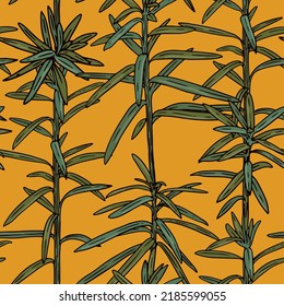 Tropical seamless pattern on orange background with leaves. Hawaiian style print with juniper tree branches