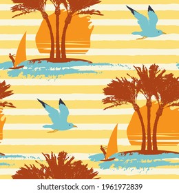 Tropical seamless pattern on the theme of sea summer holidays with silhouettes of palm trees and windsurfers at sunset or sunrise on a yellow striped backdrop. Vector repeatable travel background