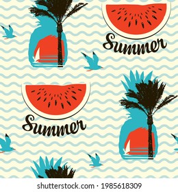 Tropical seamless pattern on theme of sea summer travel. Vector background with watermelon slices, seagulls, pineapples, palm trees and surfers at sunset or sunrise on a light backdrop with waves