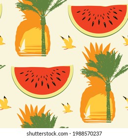 Tropical seamless pattern on theme of sea summer travel. Vector background with watermelon slices, seagulls, silhouettes of pineapples, palm trees and surfers at sunset or sunrise on a light backdrop