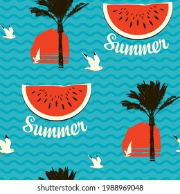 Tropical seamless pattern on theme of sea summer travel. Vector background with watermelon slices, seagulls, silhouettes of palm trees and surfers at sunset or sunrise on a blue backdrop with waves