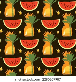 Tropical seamless pattern on theme of sea summer travel. Vector background with watermelon slices, seagulls, silhouettes of pineapples, palm trees and surfers at sunset or sunrise on black backdrop