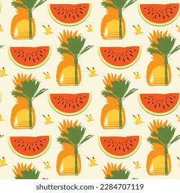 Tropical seamless pattern on theme of sea summer travel. Vector background with watermelon slices, seagulls, silhouettes of pineapples, palm trees and surfers at sunset or sunrise on a light backdrop