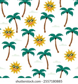 tropical seamless pattern on a white background, with cheerful yellow suns wearing sunglasses, green palm trees, and small white clouds, evoking a sunny, beachy vibe.
