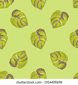 Patrón tropical sin costuras sobre fondo amarillo. Decoración de textura abstracta con color verde claro de la hoja de monastera. Moda de la jungla natural de verano para imprimir. Diseño de ilustración vectorial.