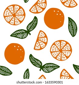 Tropical seamless pattern with orange citrus fruits and leaves. Fruit repeated background. Vector bright print for fabric or wallpaper. White background. Hand drawn shapes.