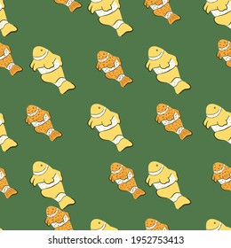 Tropical seamless pattern with orange colored clown fish elements. Green background. Underwater print. Designed for fabric design, textile print, wrapping, cover. Vector illustration.