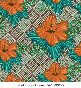 Tropical seamless pattern with orange hibiscus on geometric background