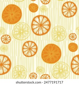 Tropical seamless pattern with orange isolated on background. Design for textile, wrapping paper, wallpaper.