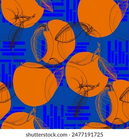 Tropical seamless pattern with orange isolated on background. Design for textile, wrapping paper, wallpaper.